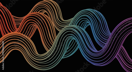Diseño abstracto con ondas fluidas de colores vibrantes en degradado, creando una imagen dinámica y moderna sobre fondo oscuro.