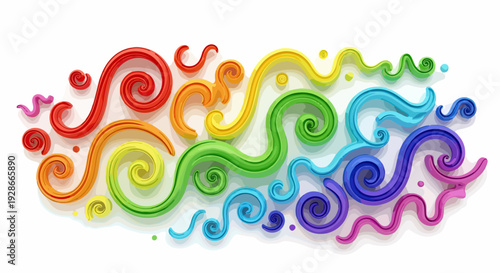 Ondas abstractas y coloridas en 3D, formando un patrón vibrante de espirales y curvas con la paleta del arcoíris.