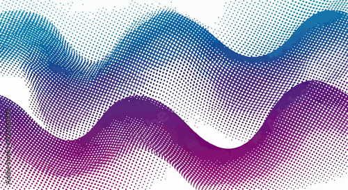 Diseño abstracto moderno con ondas de puntos en vibrantes tonos degradados de azul, púrpura y magenta sobre fondo blanco.