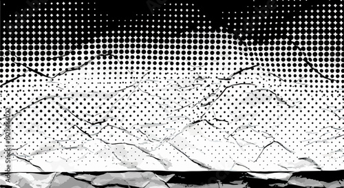 Fondo abstracto monocromático con patrón de semitono y textura de grietas, ideal para diseños gráficos de estilo cómic o grunge.