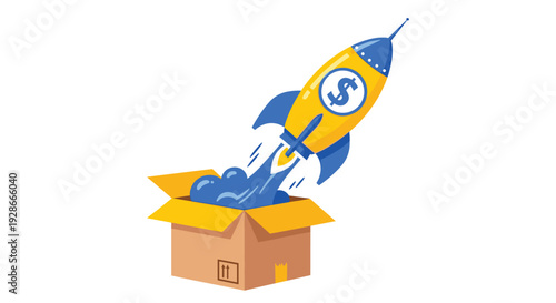 A yellow and blue rocket with a dollar sign launches from an open brown cardboard box with blue smoke trails against a white background.