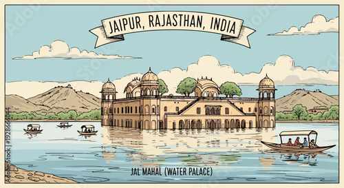 Ilustración vintage del Palacio del Agua, Jal Mahal, flotando serenamente en el Lago Man Sagar de Jaipur, Rajasthan, India, un ícono turístico.
