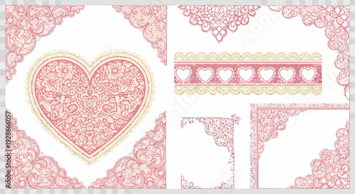 Colección de elementos decorativos de encaje rosa con corazón central, bordes y esquinas para diseños románticos y vintage.