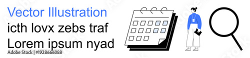 Time management, business organization, event planning, task scheduling, productivity tools, professional settings. Calendar with magnifying glass and a person in professional attire. Time management
