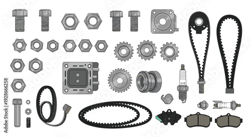 Various gray mechanical parts including bolts nuts gears timing belts and brake pads are arranged neatly on a plain white background.