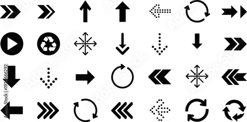 Directional Arrow Icon Set Featuring Various Styles and Navigation Symbols for User Interface, Website Design, and Interactive Elements