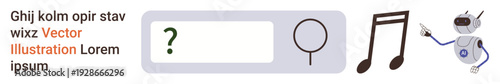 Search assistance, online queries, AI technology, digital tools, finding information, music discovery. A search bar, question mark magnifying glass music notes and robot pointing. Search