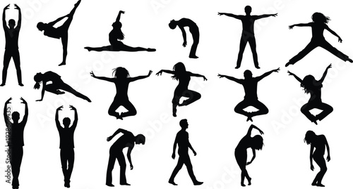 Collection of dancing and jumping people silhouettes in dynamic poses, active dancers and movement set isolated on white background vector