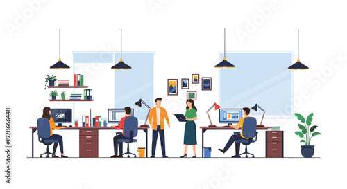 Four office workers are busy at their computer desks in a modern workspace featuring large windows hanging lamps and indoor plants.