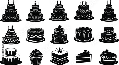 set of black and white cake  icons