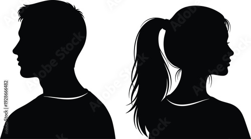 Male and female head profile silhouettes facing opposite directions, man and woman side view isolated vector illustration on white background