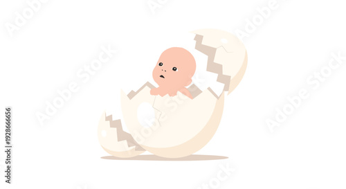 A simple cartoon baby with large dark eyes looks out from inside a broken cream colored eggshell against a plain white background.