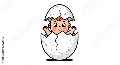 A cartoon baby with rosy cheeks wears a piece of a speckled eggshell as a hat while hatching from the bottom half on white.