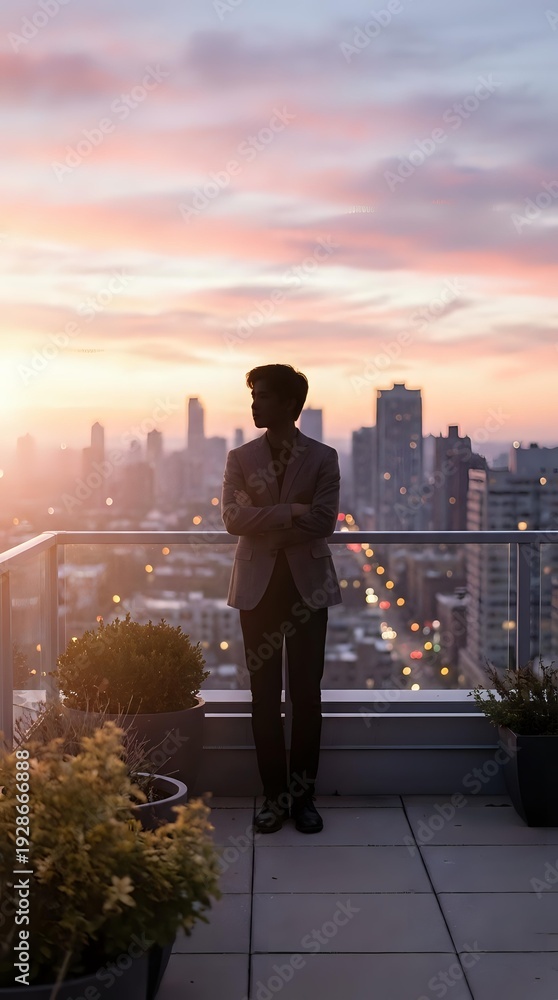 Fototapeta premium Young businessman in suit standing on rooftop terrace overlooking city skyline at sunset with pink purple clouds and urban lights below.