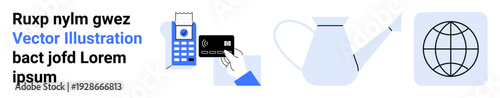 Digital economy, online shopping, global trade, e-commerce, gardening, sustainability. A payment terminal and card, watering can and globe symbol. Digital economy and online shopping concept