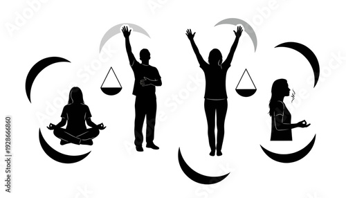 Silhouettes of people meditating and holding scales with crescent moons.