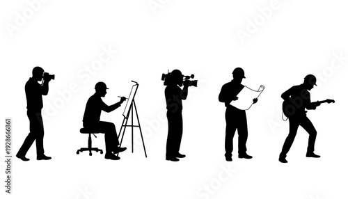 Silhouettes of musicians playing various instruments and singing.