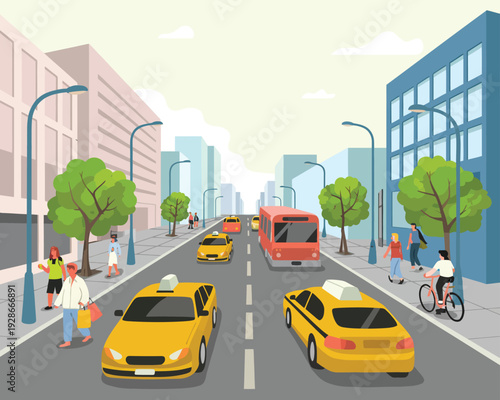 Urban city street scene, illustration featuring cars bus cyclists and pedestrians in active downtown environment for transportation mobility and city life design.