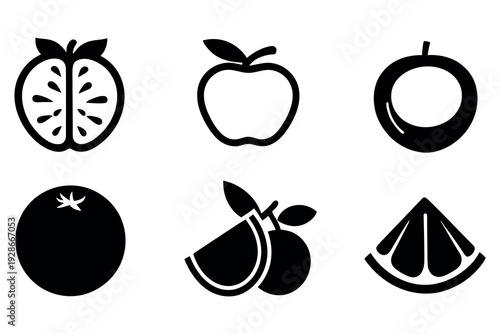Icon set of various fruits design vector art illustration silhouette style on a white background