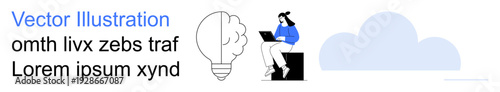 Innovation, technology, remote work, creativity, brainstorming, digital solutions. Woman seated with laptop, lightbulb symbol cloud. Innovation and technology concepts illustrated clearly
