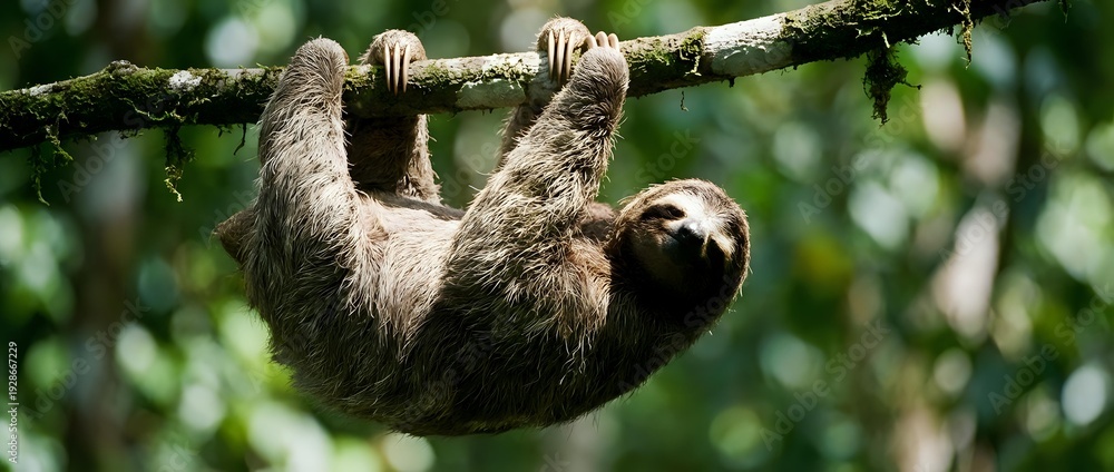 Naklejka premium Adorable sloth hanging upside down from tree branch in lush tropical rainforest. Wildlife photography showcasing slow-moving mammal in natural habitat.