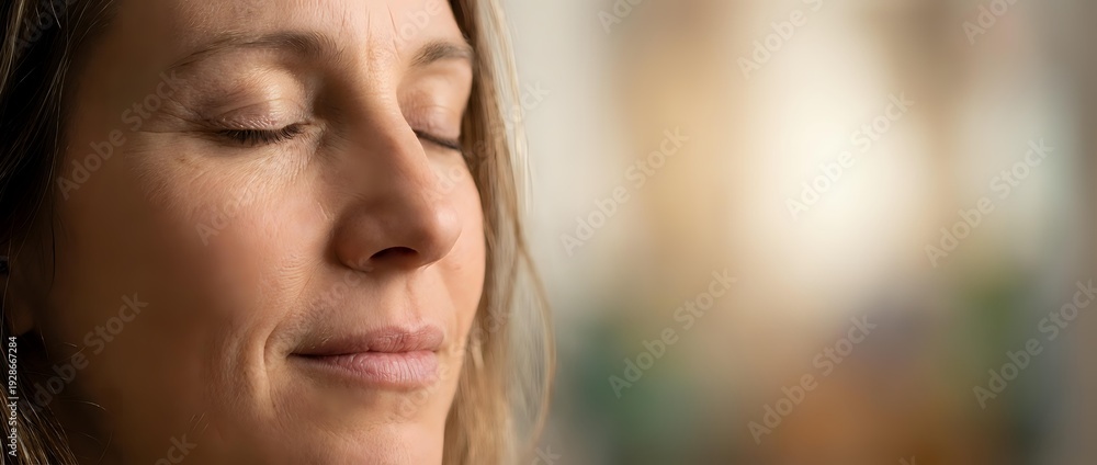 Obraz premium Peaceful middle-aged Caucasian woman with closed eyes in serene meditation pose, soft natural lighting creating calm mindful moment for wellness content.