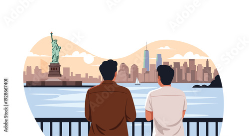 Two men stand at a waterfront railing and look toward the Statue of Liberty and the New York City skyline at sunset.
