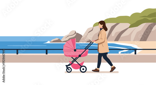 A woman in a beige coat pushes a pink baby stroller along a coastal walkway with a black railing overlooking the blue ocean and rocky cliffs.