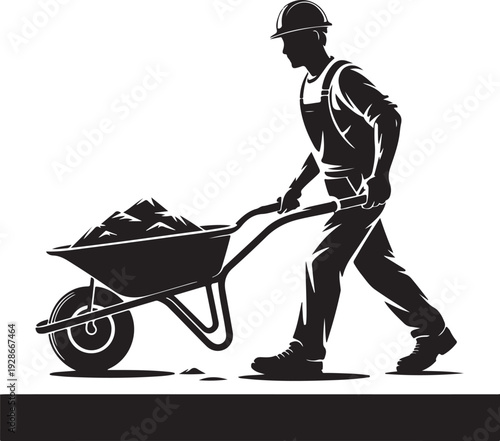 Flat design construction worker pushing debris wheelbarrow vector illustration Vector