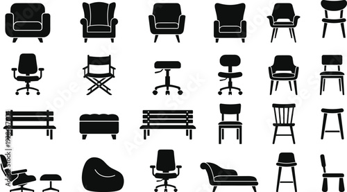 Chair and seating furniture silhouette icon collection featuring armchairs, office chairs, stools, benches, and modern seating design symbols
