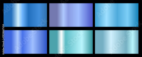 A set of blue metallic gradients on a black background. Metallic gradient effects for the design of text and bulletin boards, infographics. Metal banner. Vector EPS 10.