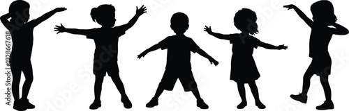Children silhouettes, kids dancing, playful figures, joyful childhood, abstract silhouettes, family concept, active kids, creative illustration, group poses, expressive movement