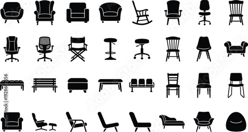 Chair and seating furniture silhouette collection featuring armchairs, office chairs, benches, stools, and modern interior seating design icons