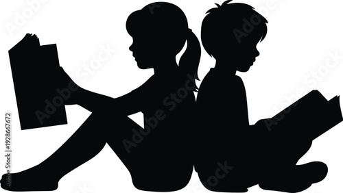 Silhouette children reading books back to back education learning concept boy girl study illustration black white isolated background stock image