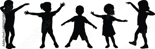 Children silhouettes, kids playing, dancing figures, childhood energy, joyful movement, playful children, abstract silhouettes, family concept, active kids, creative illustration