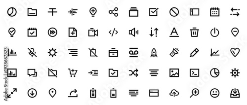 Smartphone Essentials icon set. Minimal vector icons pack. Includes Moon, Folder, Calendar, Battery, Settings, Download, Chat, Shopping Cart and more. Editable stroke.