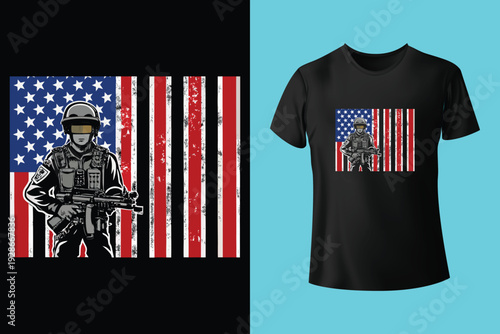 Memorial Day card or banner design with soldier's dog tags, banner and flag