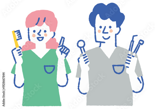 Woman holding a toothbrush and dentist holding an instrument_color