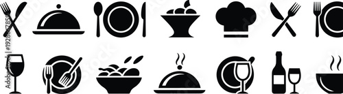 Food dining icons, cutlery silhouette, restaurant menu design, chef hat, wine glasses, steaming cups, serving dishes, minimalist style, hospitality branding