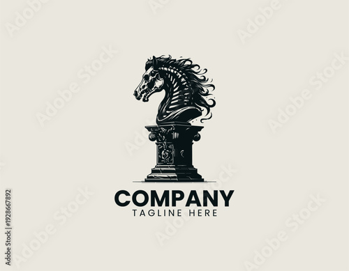 A detailed skeletal horse bust emerging from a cracked pedestal base is presented in a bold vintage engraving vector illustration style on a clean white background suitable for gothic branding tattoo 
