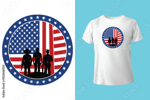 Memorial Day card or banner design with soldier's dog tags, banner and flag