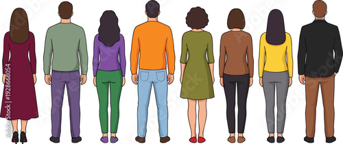 Diverse people standing from back view illustration showing multicultural group, casual clothing styles, social diversity, and modern lifestyle character collection