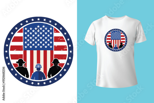 Memorial Day card or banner design with soldier's dog tags, banner and flag