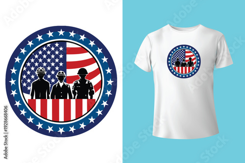 Memorial Day card or banner design with soldier's dog tags, banner and flag