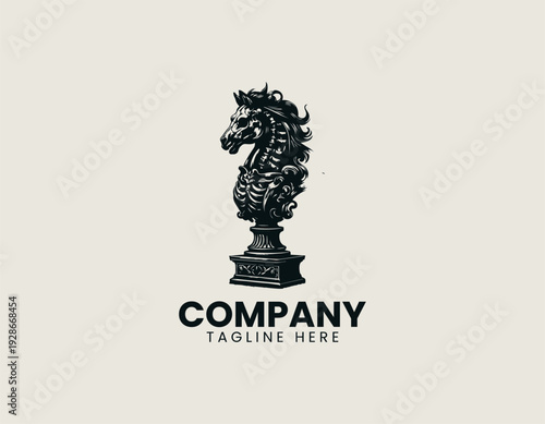 A detailed skeletal horse bust emerging from a cracked pedestal base is presented in a bold vintage engraving vector illustration style on a clean white background suitable for gothic branding tattoo 