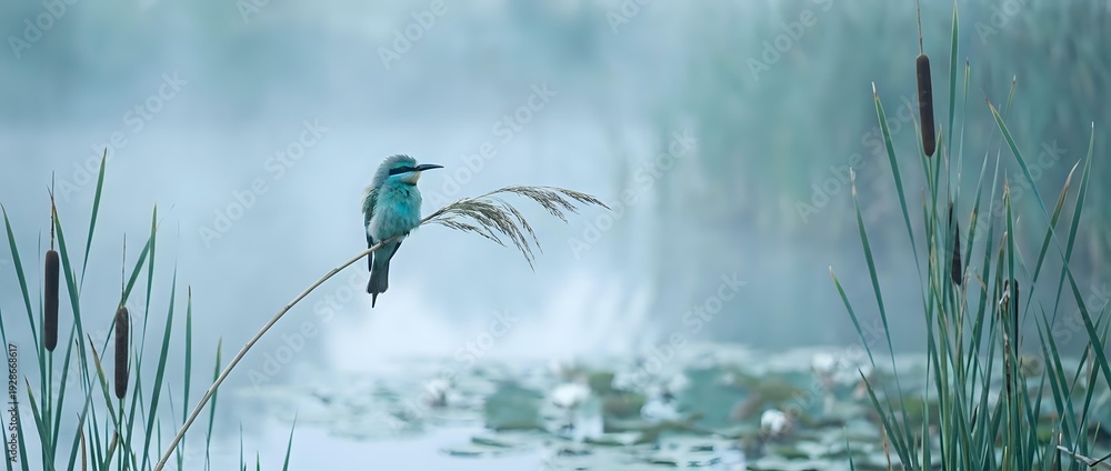 Fototapeta premium Small turquoise hummingbird hovering over tranquil water surface surrounded by tall green reeds in misty natural wetland habitat for wildlife photography.