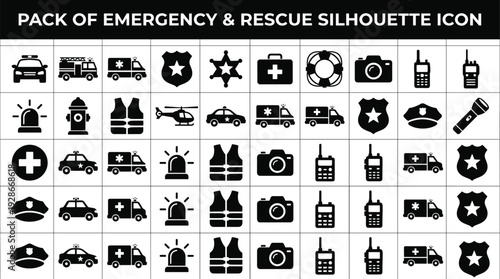 Emergency and rescue silhouette icon set featuring ambulance, police, firefighter, safety equipment, and disaster response symbols for emergency service design