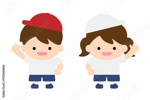 笑顔で手をあげる子供の男の子と女の子セット 幼稚園 保育園 園児 体操服 あいさつ イラスト