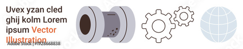 Manufacturing, industrial machinery, mechanical engineering, technology, global business, process optimization. Gear symbols with a drum component and a globe icon. Mechanical engineering