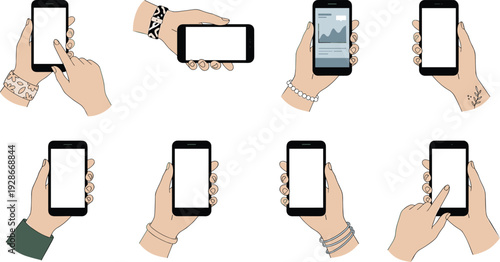 Hands holding smartphones in different positions illustration showing mobile usage, touchscreen interaction, digital communication, and modern technology lifestyle concept